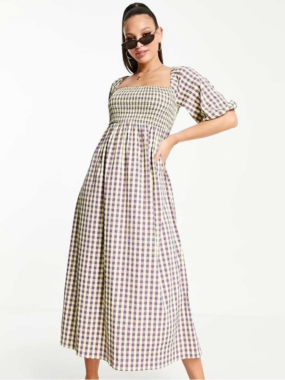 ASOS gingham puff sleeve shirred midi dress